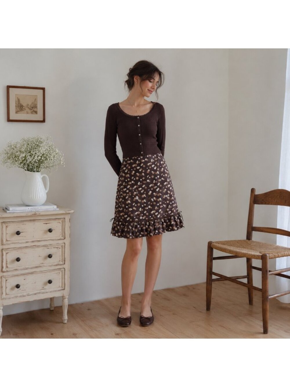 J.Crew NWOT Brown Polka Dot Cotton A-Line Ruffle Hem Midi Skirt Size 4